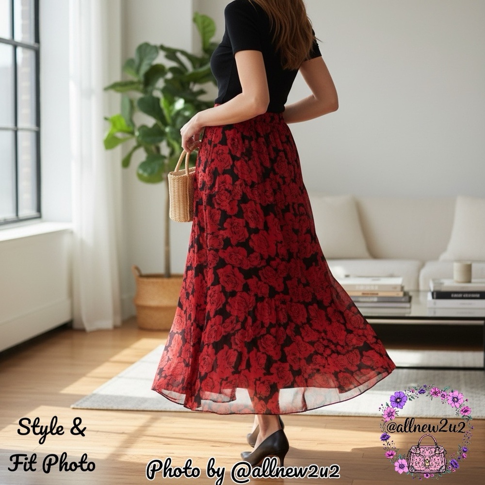 Leslie Fay Red Rose Floral Maxi Skirt Lined Sheer Rose Overlay Size 16 Like New
